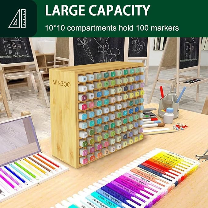 MinBoo Art Marker Storage Organizer for 100 Markers, Bamboo Art Supply Rack, Pens Color Pencils Paint Brushes Stationary Organizer Holder for Home Classroom Office Desk Decor - Image 5