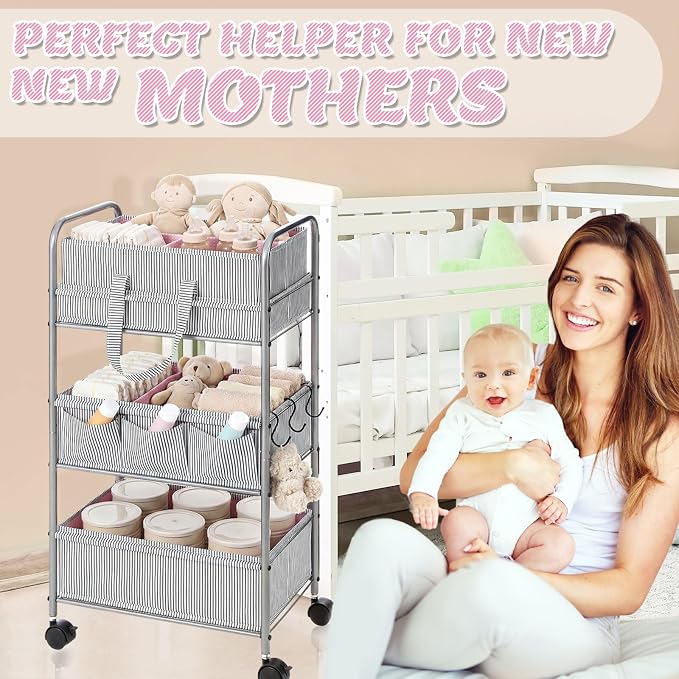WILLBOND 2 in 1 Baby Diaper Caddy Organizer Cart, 3 Tier Large Stripe Bedside Rolling Cart Metal for Baby Essential with Divider for Newborn Registry Must Have Nursery Bedroom Mother Gift(Pink) - Image 5