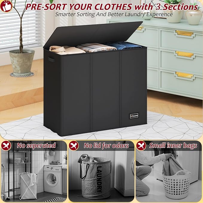 175L Laundry Hamper 3 Section,Large Laundry Hamper with Lid,Dirty Clothes Hamper with 3 Inner Bags,Collapsible Laundry Basket Organizer for Laundry Room,Bedroom,Laundry Sorter Hamper 3 Compartment - Image 3