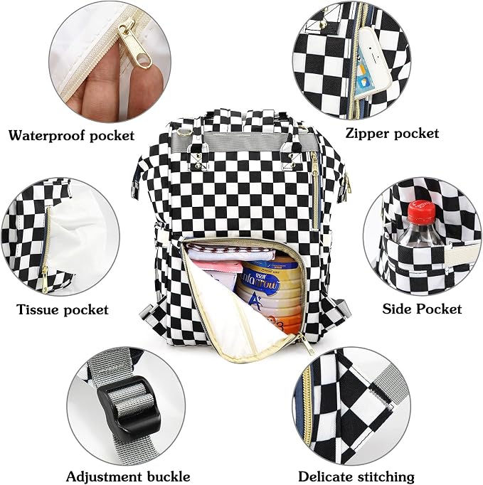 MCWTH Checkered Diaper Bag Backpack Set for Baby Girls Mom, Large Capacity Multi-Function Nappy Bags Organizer - Image 4