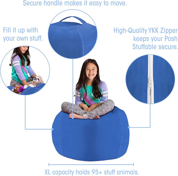 Posh Stuffable Kids Stuffed Animal Storage Bean Bag Chair Cover - Childrens Toy Organizer, Large 38" - Solid Royal Blue - Image 2