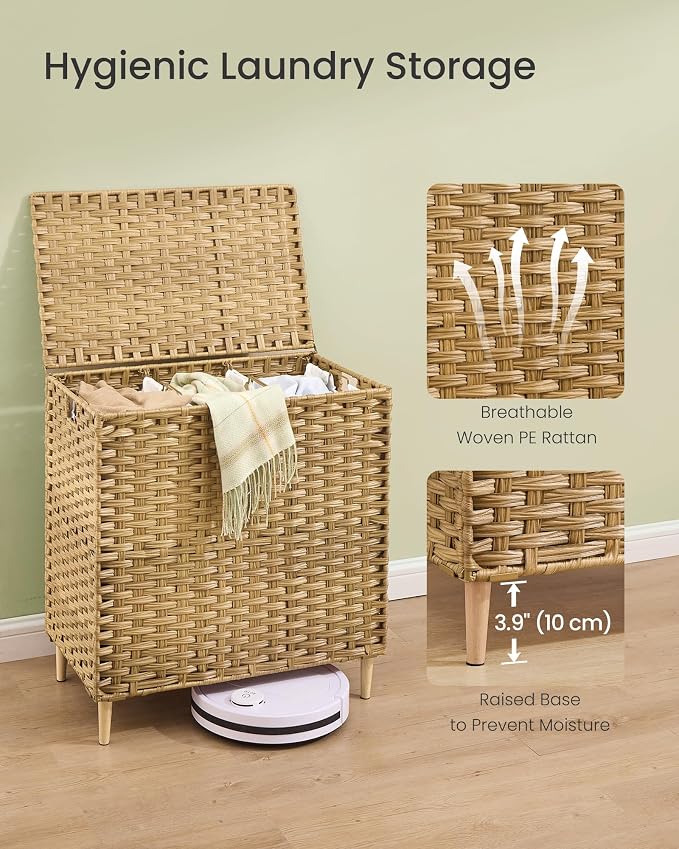 SONGMICS 3-Section Laundry Hamper with Lid, 42.2 Gal (160L) PE Rattan Laundry Basket with Removable Washable Liners, for Bedroom & Living Room, Goose Yellow ULCB223YE01 - Image 5