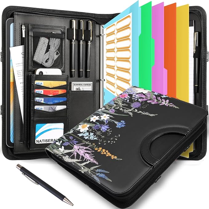 Portfolio Binder 3 Ring Includes Pen and 5 Dividers with 10 Pockets, Padfolio Organizer with Zipper for Men and Women, Includes A4 Notepad for Business, School, Work by NATISERAUM