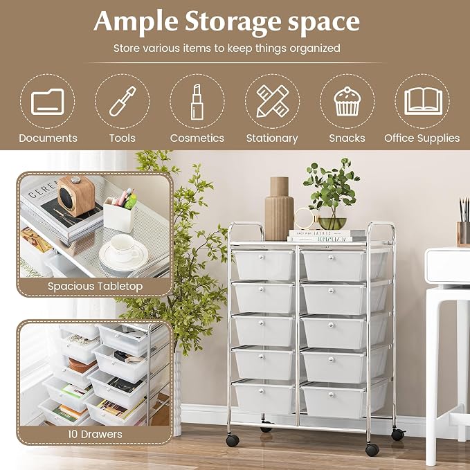 RELAX4LIFE Rolling Storage Cart with 10 Drawers - Craft Storage Cart with Lockable Wheels,Utility Cart, Art Cart Organizer for Crafting Storage, Studio, Office, Home, School Rolling Drawer Cart - Image 6