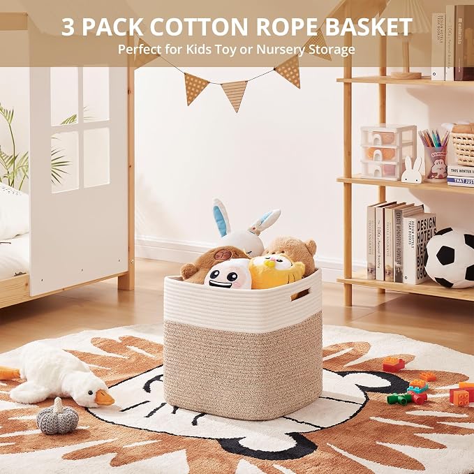 OIAHOMY 13 Inch Cube Storage Bins, 3-Pack Cotton Rope Woven Baskets for Organizing, Insert Storage Baskets for Shelves, Baby Nursery, Closet Organizer, 13 * 13 * 12.6IN, Brown & White - Image 4
