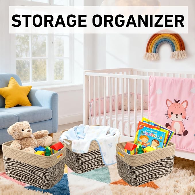 3 Pack Woven Baskets,Storage Baskets for Shelves with Handles | 13.5"×11"×9.5", Closet Baskets, Nursery Organizer for Toys Towels Books, Storage Bin for Living Room Bedroom (Jute & Black) - Image 4