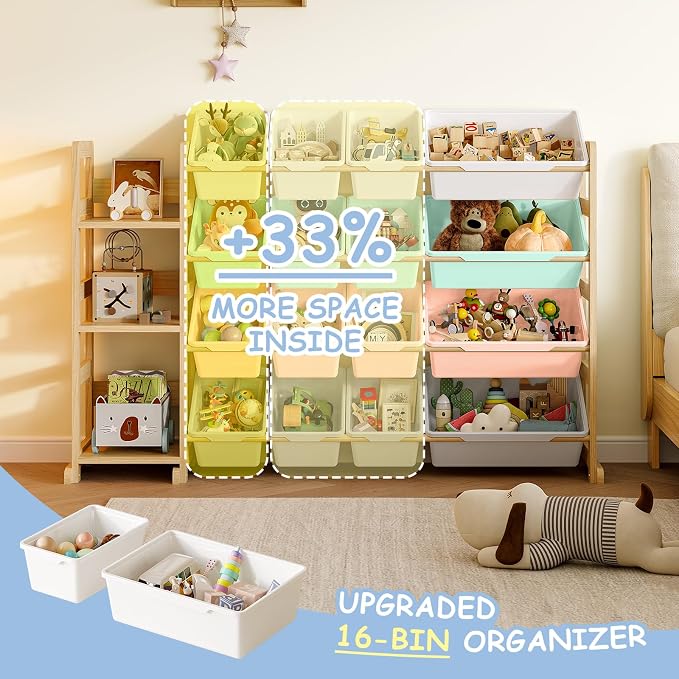 EXPERLAM Toy Storage Organizer, Toy Storage Shelf with 3 Shelves and 16 Storage Bins (12 Small + 4 Large), 3-in-1 Kids Bookshelf for Kids Rooms, Playroom, Nursery, Multi - Image 3
