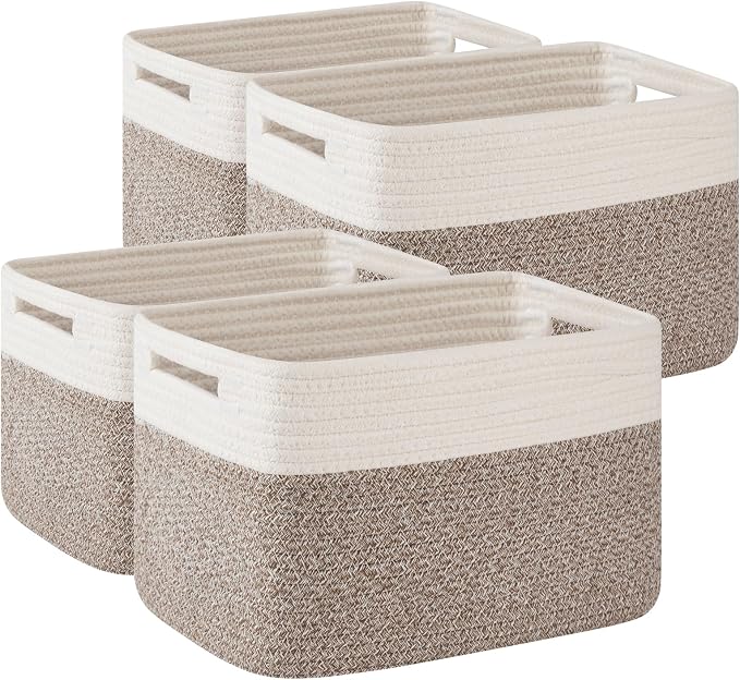 OIAHOMY 4 Pack Storage Basket, 13"x9"x7.8" Cotton Rope Baskets for Shelves, Closet Organizer for Bedroom & Living Room, Soft Decorative Bins for Organizing Towels, Books & Toys, Deep Brown & White by MasterofSpaceOptimization