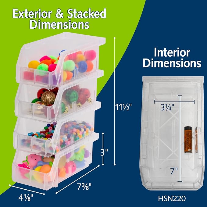 Small Stackable Plastic Storage Bins, 12-Pack, Clear | Open-Front Stackable Bins For Garage, Pantry, Closet & Office, 7"L X 4"W X 3"H, Nests When Empty, Durable Plastic - Image 2