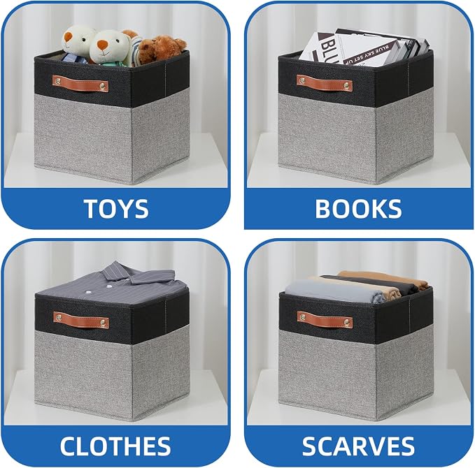 Temary 11 x 11 Cube Storage Bins Fabric Storage Cubes for Shelf, Closet, 4 Pack Cube Basket for Clothes, Storage Cube Bins with Leather Handles(Black&Grey) - Image 4