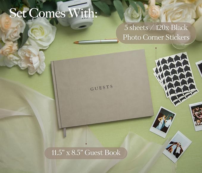 Large Photo Guest Book (Taupe) - Up To 240 Photo Slot | Fits Instant Photos | 11.5" x 8.5" Party Memory Book | Includes Photo Corner Stickers | 120 Lined Pages | Neutral Color Photo Booth Sign In Book - Image 2
