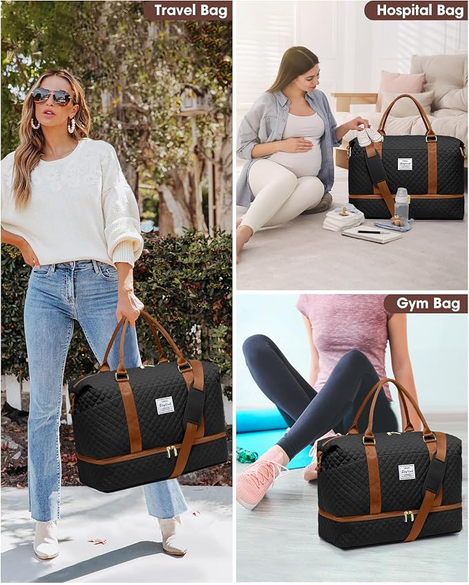 Travel Weekender Bags for Women Duffle - Carry on Overnight Bag with Shoe Compartment & Toiletry Gym Duffel Bags with Wet Pocket Hospital for Labor and Delivery Black Brown - Image 5