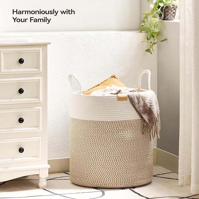Nunsino 80L Laundry Hamper Basket,Baby Nursery Woven Storage Basket for Toys Bin,Pillows,Blankets,Clothes,Brown&White - Image 2