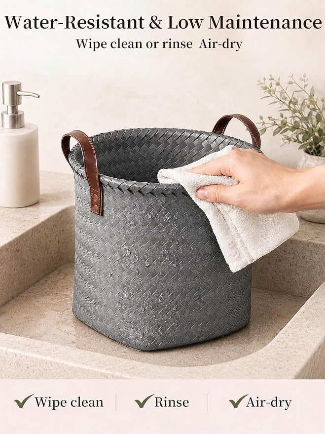 Wicker Storage Baskets, 4 Pack Woven Baskets for Shelves, Grey | PP Rattan, Water-resistant Wicker Basket, Large Baskets with Faux Leather Handles for Blanket, Laundry Organizer, Room Decor - Image 7