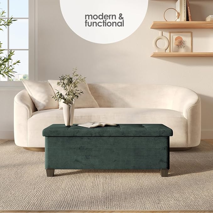 Storage Ottoman Bench with Bins, 43-in Storage Bench for Bedroom End of Bed, Folding Foot Rest Ottoman for Living Room Max 660lbs, Velvet Ottomans, Green - Image 2