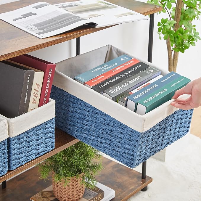 Wicker Basket, Set of 3 Hand-woven Storage Baskets for Organizing, Rectangle Wicker Storage Basket Bins with Handles, Small Toilet Paper Storage Baskets for Shelves & Decor, Blue - Image 2