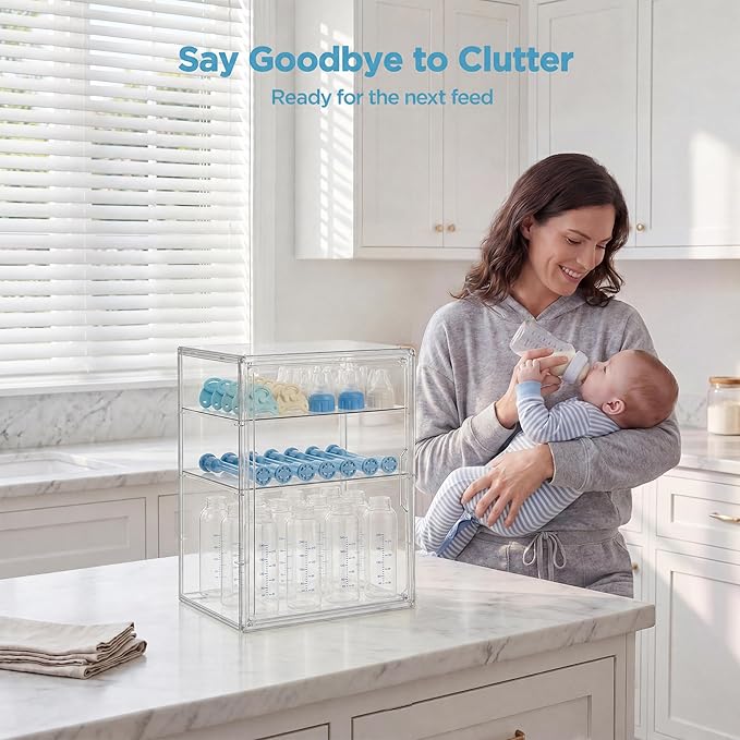 HBlife Baby Bottle Storage Organizer for Countertop Cabinet, 3 Tiers Adjustable Clear Acrylic Bottles Storage Station Case Box Container with 2 Removable Dividers and Magnetic Door, Large - Image 5