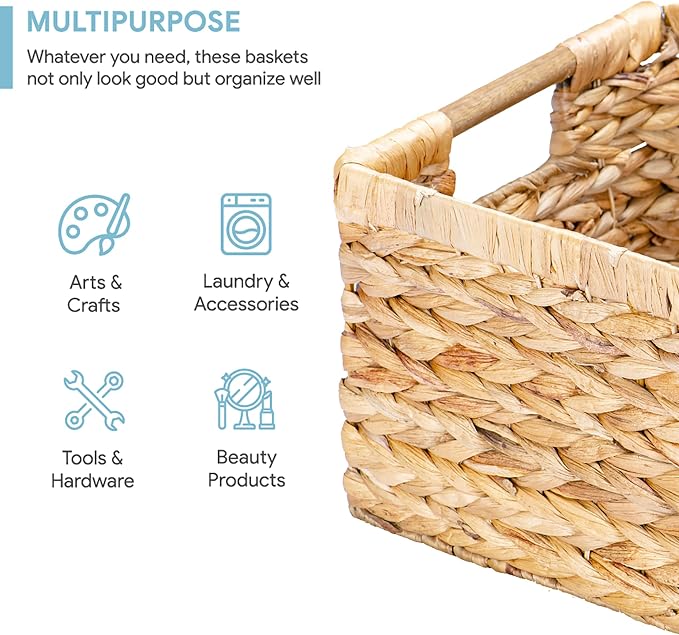 VATIMA Large Rectangular Wicker Basket with Wooden Handles for Shelves and Storage - Natural Water Hyacinth Basket for Organizing, 14.5 x 10.3 x 7.5 inches - Image 2