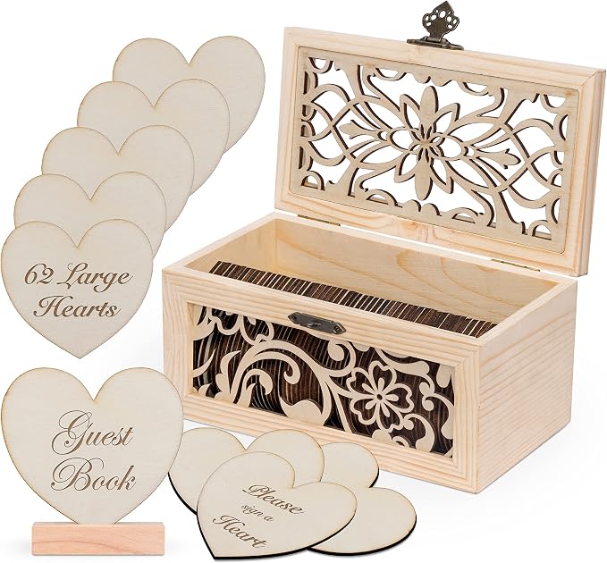 Jecor Alternative Guest Book Box - Wedding Guest Book Alternative - Pattern | 62 Large Wooden Hearts - Baby Shower, Bridal Shower, Anniversary, Birthday, Retirement, Funeral Guest Book Alternatives by JecorCreatingMemoriesTogether