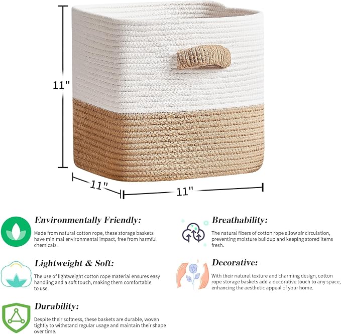 R RUNKA Storage Cube Baskets for Organizing -3 Pack -11 inch Square Baskets for Cube Storage, Closet Storage Bins-Woven Cube Storage Bins for Shelves- Ideal for Toy Storage |White & Khaki - Image 2