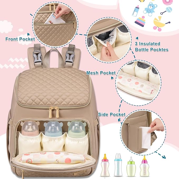 Diaper Bag Backpack Large Baby Diaper Bag with Changing Pad Travel Diaper Backpack,Baby Bag for Boys Girls,Stroller Straps,5 Insulated Pockets (Khaki) - Image 3