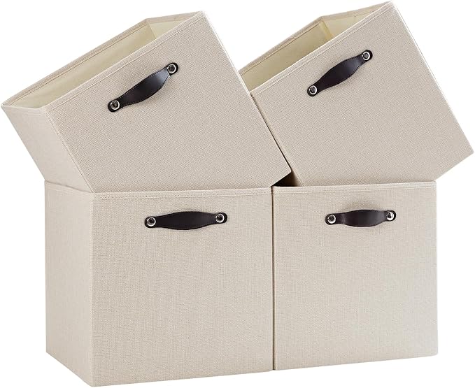 Cube Storage Bins | 13"x15"x13", Beige, 4 Pack | Multi-Size | 2X Thick Support Board | Vegan Leather Handles | 7.7 oz/yd² Fabric | Drawer Insert Basket Fits KALLAX by FABINADO