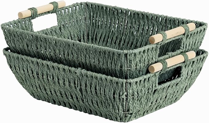 StorageWorks Large Wicker Basket, Woven Basket for Shelves, Bosana Green | Wicker Storage Baskets for Shelves, Baskets with Wooden Handles, 2-Pack Gifts Basket for Home Decor, Hand-Woven Basket by StorageWorks