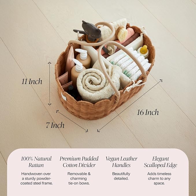 BEBE BASK Premium Baby Diaper Caddy Organizer - Scalloped Rattan Basket | Handmade & Award-Winning, Elegant Scalloped Edge, Newborn Essentials, Nursery Basket, Removable Divider, Baby Shower (Mocca) - Image 4