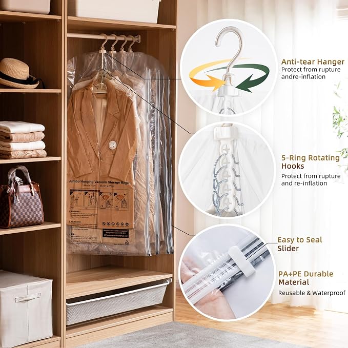 TAILI Hanging Vacuum Storage Bags Clothes, Coats, Jackets,6 Jumbo Clear | Vacuum Seal Bags for Clothing, Space Saver Winter Clothes Storage Closet Organizer Garment Storage - Image 6