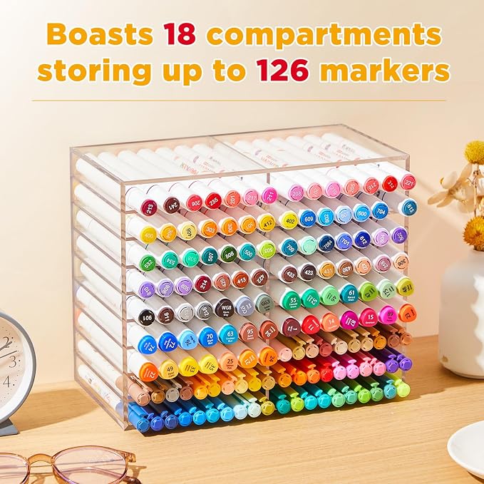 MotiMind Acrylic Marker Organizer for 126 Marker, Large Art Pencil Holder Storage Rack for Desk, Pens Art Brushes Display Stand with 18 Compartments for Desktop, Office (clear, 126 Capacity) - Image 3