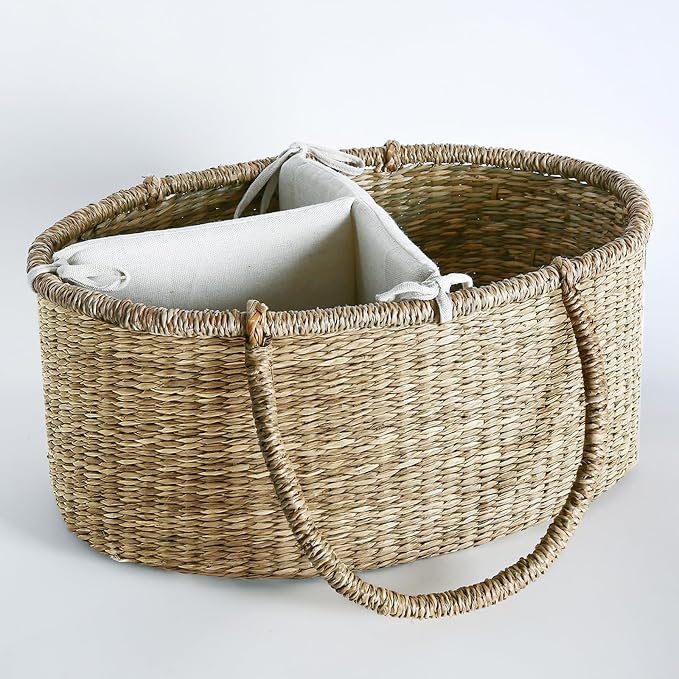 Premium Wicker Baby Diaper Caddy Organizer, Woven Seagrass Basket with Handles, Diaper Basket with Dividers (Seagrass) - Image 2