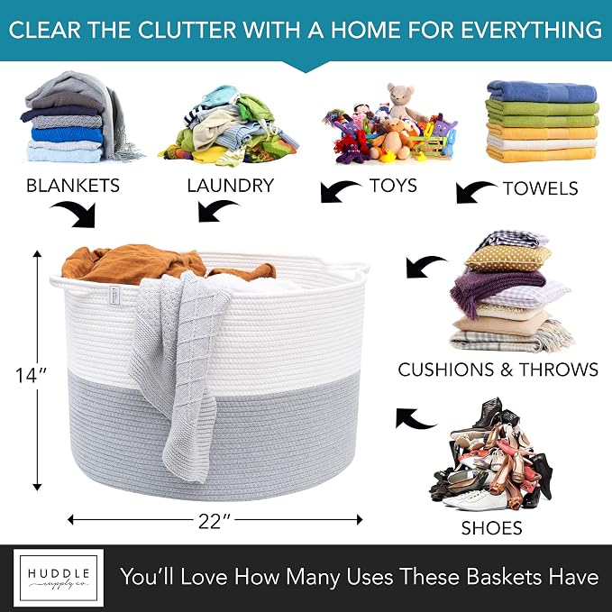 Huddle XXXLarge WASHABLE Blanket Basket for Living Room,Toys Storage, Baby | Woven Decorative Soft Cotton Rope Big Blanket Basket+Mini Basket for Nursery, Dog Toys, Storage, Organization Bins 22x14 Grey - Image 6