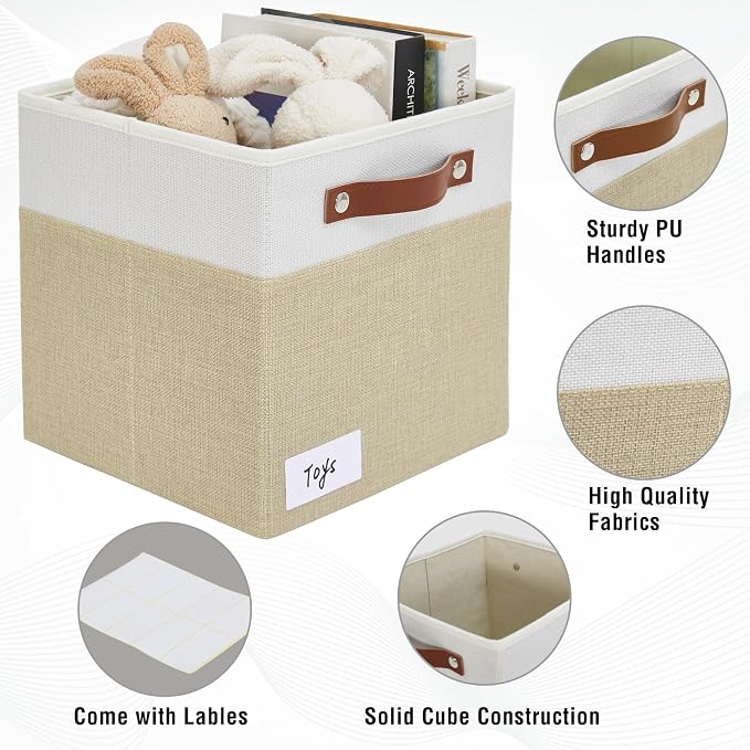 Collapsible Fabric Storage Cube Bins with 2 Reinforced PU Handles, Foldable Storage Organizer Baskets for Closet, Shelves, Living Room | 11"x11"x11", 4 Pack, Beige & White - Image 3