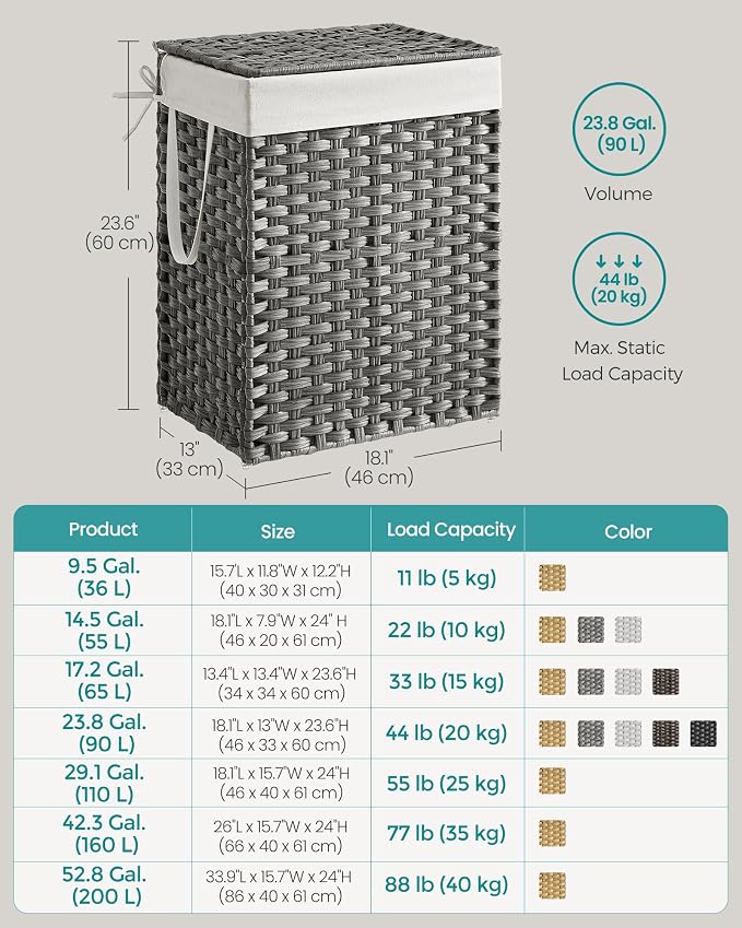 SONGMICS Laundry Hamper with Lid, 23.8 Gallon (90 L) Synthetic Rattan Clothes Laundry Basket with Lid and Handles, Foldable, Removable Liner, Dove Gray ULCB51WG - Image 8