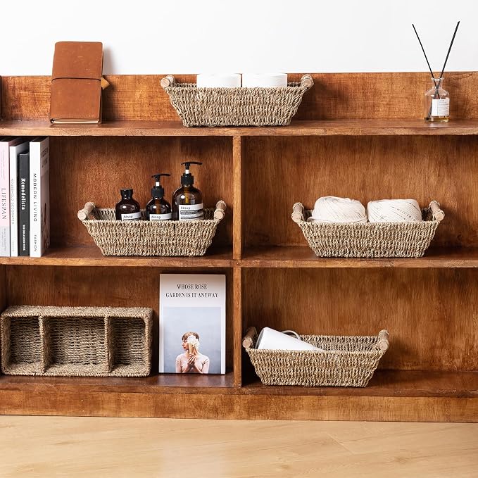 Small Wicker Baskets,small baskets for organizing,wicker storage Basket,small woven basket Seagrass Storage Baskets,Rattan Basket for Shelves Toilet Paper Basket with Handle,4 Pack - Image 8