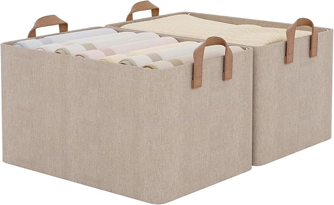 StorageWorks Fabric Storage Bins, Brown and Beige, Extra Large, 2-Pack | 45L, With Reinforced PU Handles, Metal Frame, Collapsible, Storage Basket for Shelves, Closet, Holds Clothes, Towels, Blanket by StorageWorks