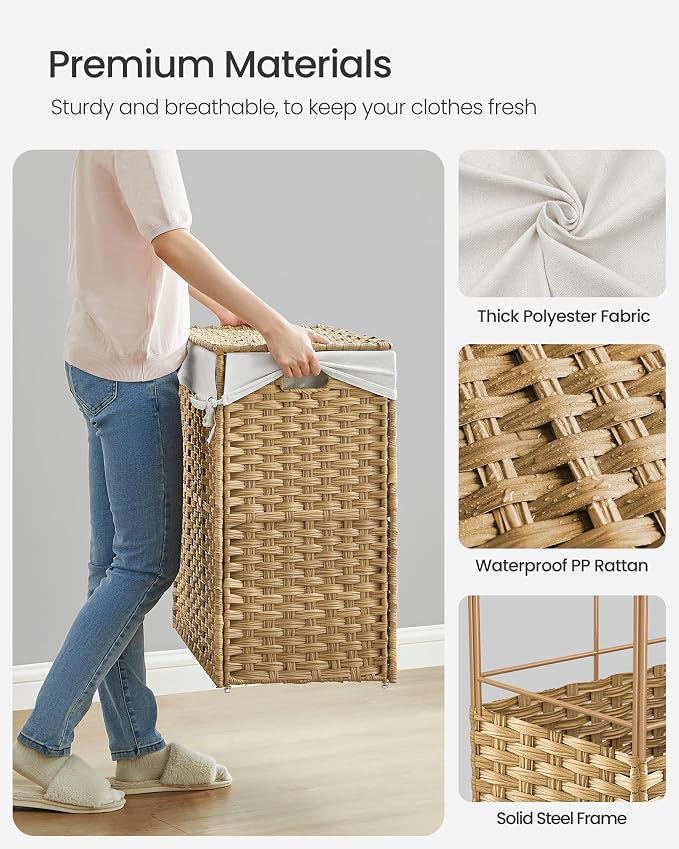 SONGMICS Laundry Hamper with Lid, 42.3 Gallons (160 L), Rolling Laundry Basket with Wheels, 3-Section Synthetic Rattan, Removable Liner, Bedroom, 29.9 x 13 x 26 Inches, Natural ULCB365N01 - Image 8