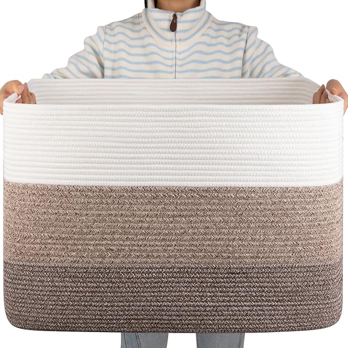 OIAHOMY 108L Extra Large Blanket Basket Dog Toy Basket radient Dark Brown | Rectangle Woven Baskets for Storage Cotton Rope Basket For Living Room Toy Storage Blanket Storage Laundry Basket by MasterofSpaceOptimization