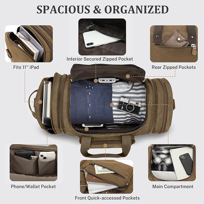 Gonex Canvas Duffle Bag, Expandable 60L Travel Overnight Weekender Bag | for Men, with Shoe Compartment, Multiple Pockets, Tear-Resistant, Durable Zippers, Detachable Strap, Coffee - Image 5