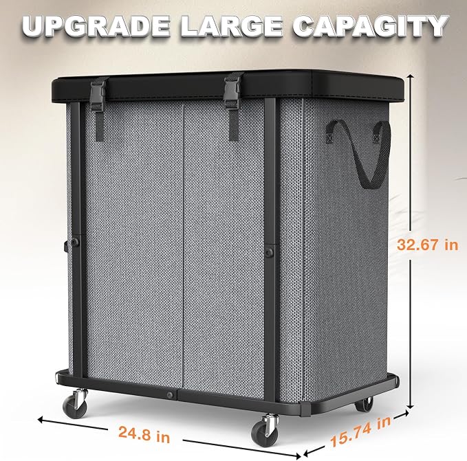 Laundry Basket with Wheels,190L (50 Gal) Laundry Hamper 2 Setion - Gray | Leather Patchwork,Sturdy Metal Frame, Removable Washable Bag, Tall Clothes Sorter for Bedroom - Image 6