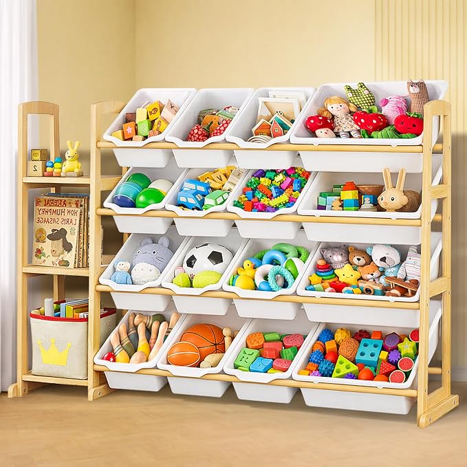Kids Toy Storage Organizer with Bookshelf – Wooden Shelf with 16 Bins & 3 Shelves, Quick Assembly Storage Rack for Playroom, Bedroom, Nursery - White by KidsToyStorageOrganizer