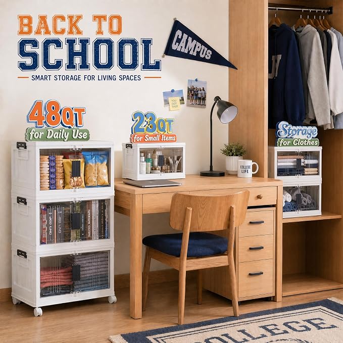 OlarHike 144QT Storage Bins with Lids for Closets, Office, Dorm, 3 Pack | Multi-Lid, Lockable Cabinet, Doors & Wheels, Foldable & Collapsible, Stackable Organizers, Plastic Drawers, School, Game Day - Image 3