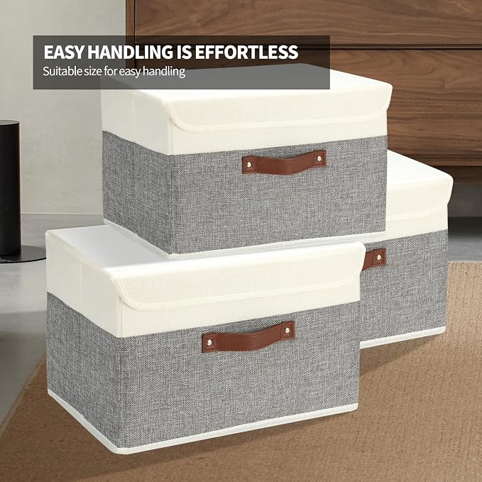 SAMORADREA 8 Pack Storage Bins Foldable Storage Boxes Fabric Storage Box with Lid & Handle Large Washable Organizer Bulk for Office, Home, Books, Clothes, Bedroom, Closet, (15INx10INx10IN White/Grey) - Image 5