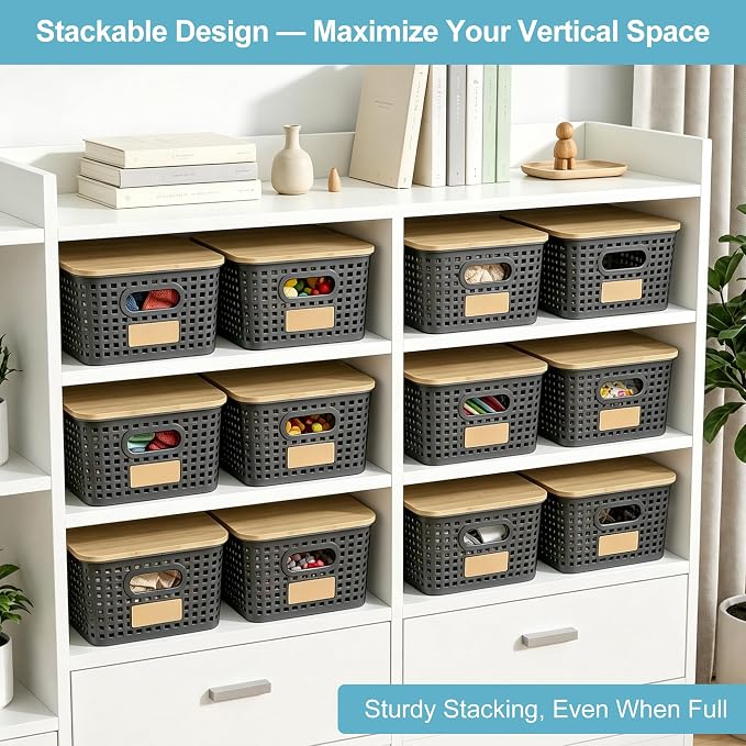 Small Plastic Storage Bins with Bamboo Lids 5.2qt Stackable Box Basket Pantry Decorative Containers Cute with Lable for Organizing Desktop Closet Office Gray of 6 packs 10 * 7.2 * 4.1" - Image 3