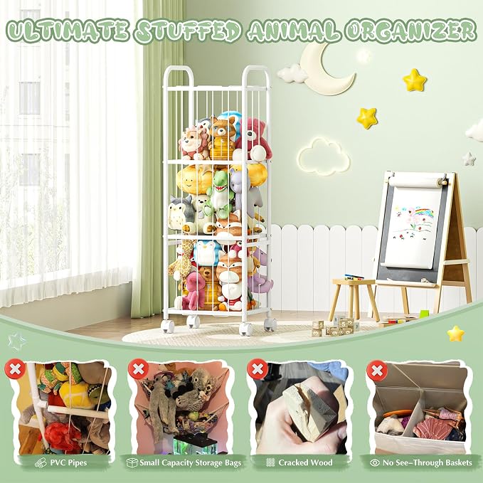 Stuffed Animal Storage Organizer with Wheels for Nursery Playroom | 53.5"x18.1"x13", holds 50+ plushies, sturdy metal frame, 4 casters with 2 brakes, wall anchor included, rounded corners - Image 5