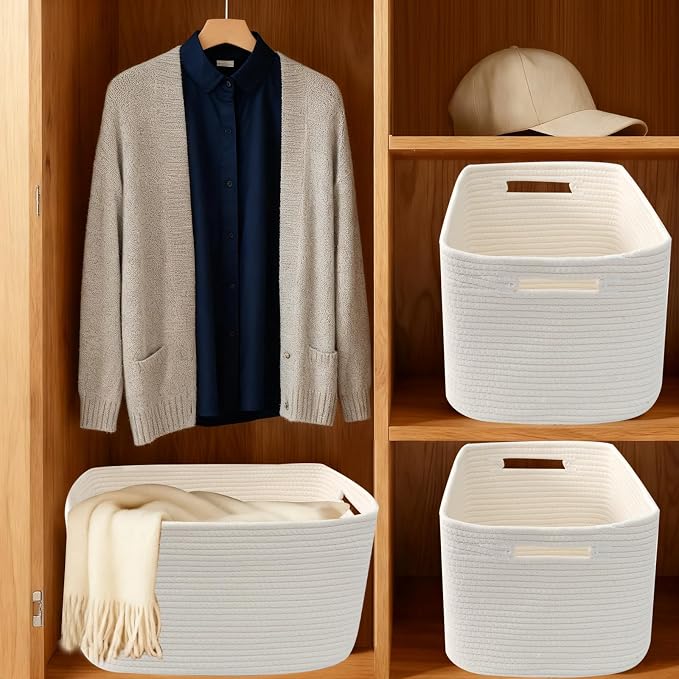 3 Pack Woven Baskets,Storage Baskets for Shelves with Handles | 13.5"×11"×9.5",Closet Baskets,Gift Basket,Nursery Organizer for Toys Towels Books,Storage Bin for Living Room Bedroom-White - Image 7