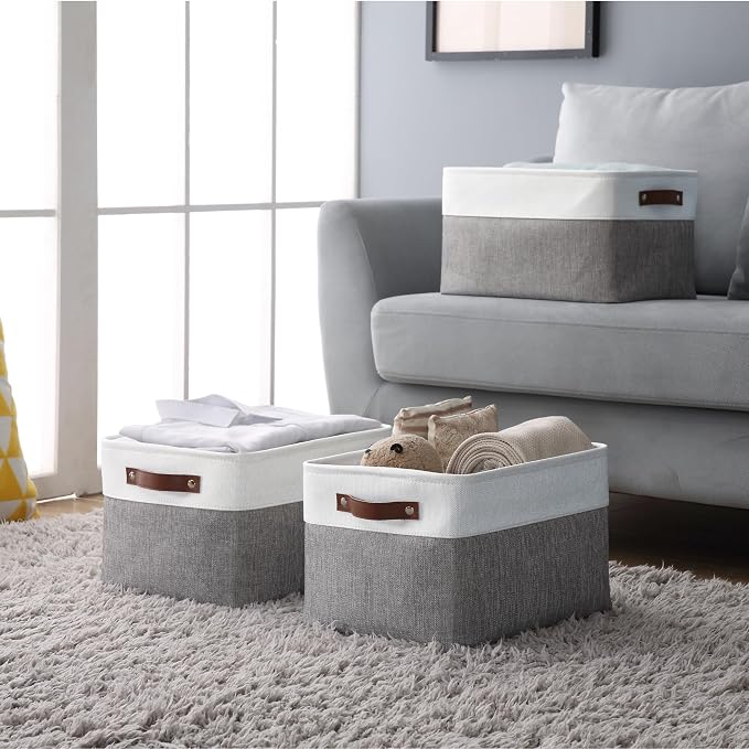 DECOMOMO Storage Bins, Large Fabric Storage Baskets for Shelves 4 Pack | 15 x 11 x 9.5 inches Decorative Linen Closet Organizers (Grey & White) - Image 7