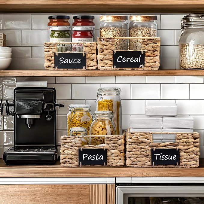 Set of 4 Sizes Hand-Woven Pantry Shelf Baskets, Hyacinth Storage Baskets with Chalkboard Labels & 2 Chalk Markers, Wicker Nestable Shelf Basket Set for Organizing Pantry Laundry Shelves - Image 3