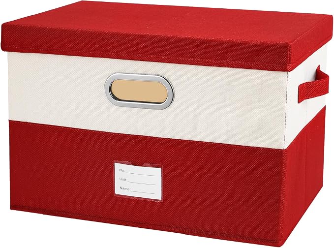 Large Linen Fabric Foldable Storage Bins with Removable Lid and Handles, Washable Storage Box Organizer Containers Baskets Cube with Cover for Bedroom,Office(Red&Cream, Large) by Unknown