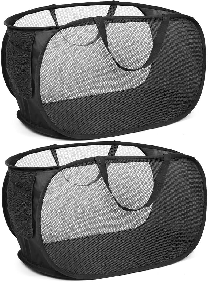 Durable Collapsible Laundry Baskets, Mesh Pop Up Laundry Hamper with Side Pocket, Foldable Clothes Hamper with Reinforced Carry Handles for Laundry, Bathroom, Kids Room, Dorm or Travel 2 Pack Black by Bemkoo